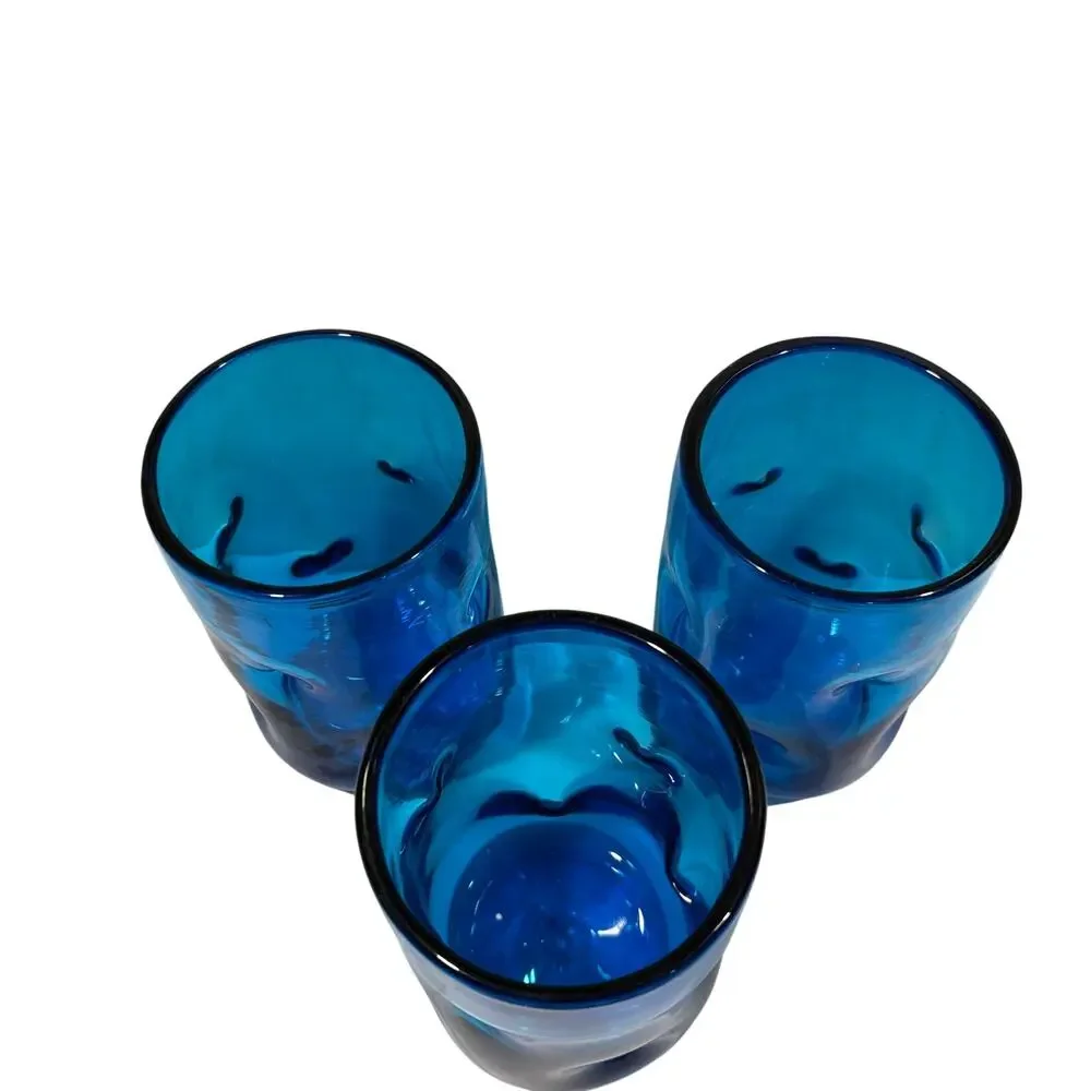 Set of 3 Blenko Tumbler Drinking Glasses Turquoise Blue Pinched Dimpled 4.5 Inch